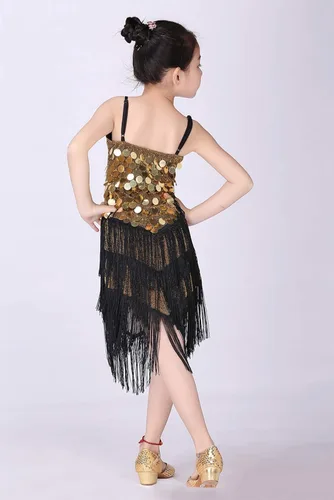 Vista 2 de Happy Cherry Vestido de lentejuelas con borlas para niña, falda de baile latino, disfraz brillante para niños, ballet, tango, rumba, ropa de baile