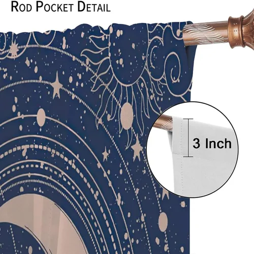 Vista 6 de Cortinas opacas con diseño de sol y luna, cuerpos celestes bohemios, con diseño de sol, luna y estrellas, para sala de estar, dormitorio, 42 x 45