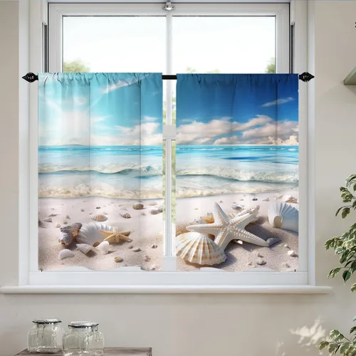 Vista 11 de Cortinas cortas de cocina con diseño náutico de tortugas marinas azules y playas, media cortina de baño para dormitorio, juego de 2 paneles de 27.5