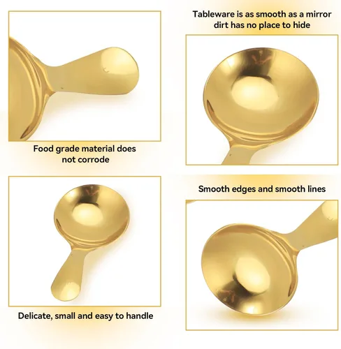 Vista 6 de 5 mini cucharas de helado para recipientes, mini cucharas doradas para servir dulces, acero inoxidable, mango corto, condimentos de sal, cucharas