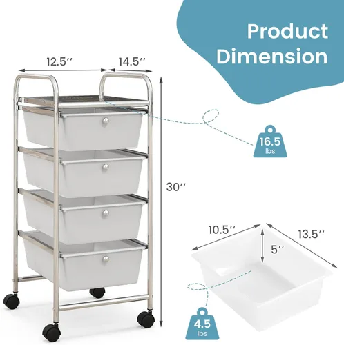 Vista 3 de COSTWAY Carrito de almacenamiento rodante con 4 cajones, carrito de almacenamiento de plástico y organizador con 4 cajones extraíbles, carrito