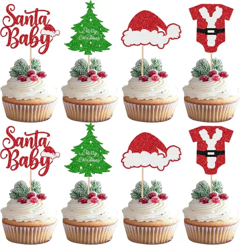 Vista 11 de Paquete de 24 Adornos Navideños Oh Baby para Cupcakes con Sombrero de Navidad con Purpurina, Palillos de Comida para Baby Shower para Niños y Niñas
