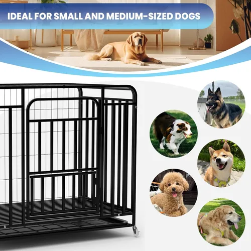 Vista 2 de Jaula resistente y fácil de limpiar de 42 pulgadas con doble puerta extraíble, a prueba de escapes, jaula grande para perros con ruedas