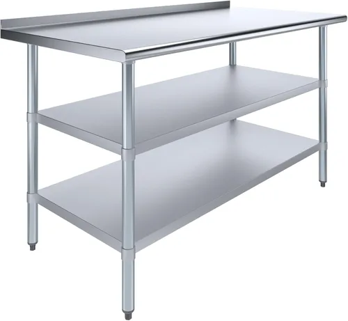 Vista 11 de AmGood Mesa de trabajo de acero inoxidable con protector contra salpicaduras de 1.5 pulgadas y 2 estantes Mesa de cocina de metal para preparación