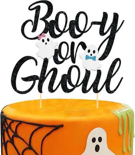 Vista 11 de 24 piezas de adornos de Halloween para cupcakes fantasmas, palillos de revelación de género para niños y niñas, adornos para tartas rosas y azules