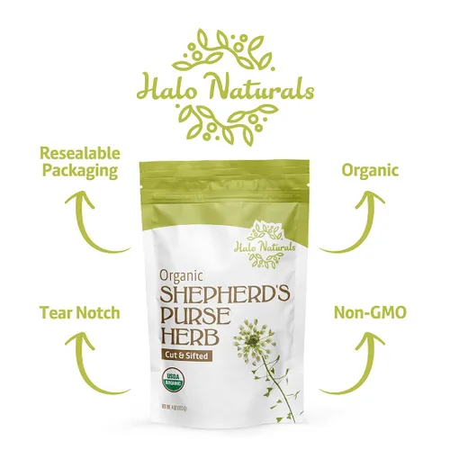 Vista 6 de Halo Naturals Bolso de pastor orgánico cortado y tamizado con hierbas, 4 onzas (Capsella bursa pastoris) certificado por USDA, bolsa resellable
