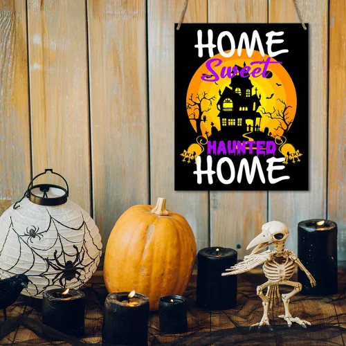 Vista 5 de Letrero de madera rústica de Halloween, divertido decoración de Halloween, hogar, dulce embrujado, placa de madera colgante para decoración