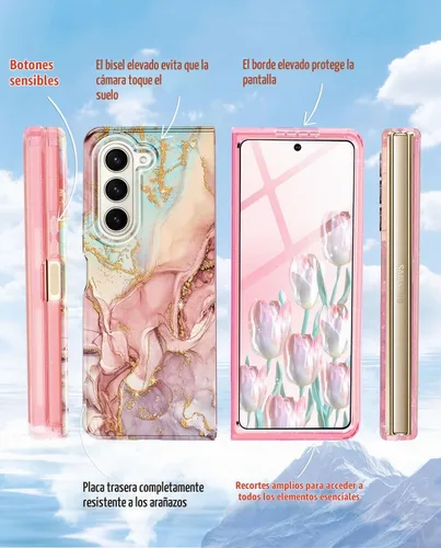 Vista 6 de Btscase Funda para Samsung Galaxy Z Fold 5, protector de pantalla frontal integrado, patrón de mármol dorado con purpurina de policarbonato duro