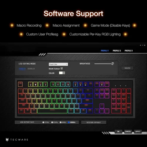 Vista 5 de TECWARE Phantom+ Elite - Teclado mecánico para juegos RGB de 87 teclas 3 modos inalámbrico Bluetooth 5.0 2.4 GHz y USB C con cable 5 pines