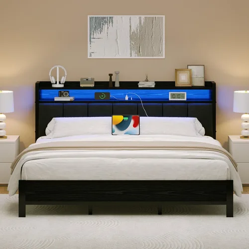Vista 14 de IMMERSTABLE - Base de cama individual con cabecero de almacenamiento, marco de cama de plataforma metálico individual con luces LED y estación