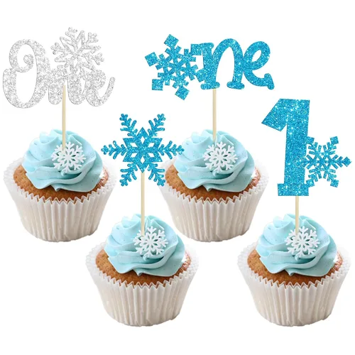 Vista 28 de Gyufise 24 piezas de copos de nieve Oh Baby Cupcake Toppers Glitter Winter Frozen Baby Shower Cupcake Picks para invierno, país de las maravillas