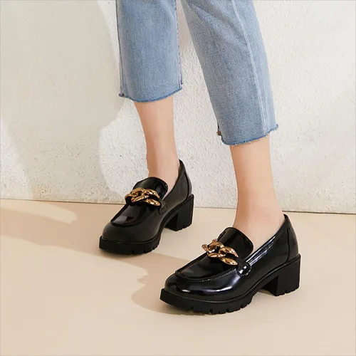 Vista 5 de Mocasines gruesos de plataforma para mujer, cómodos mocasines sin cordones con cadena de piel sintética