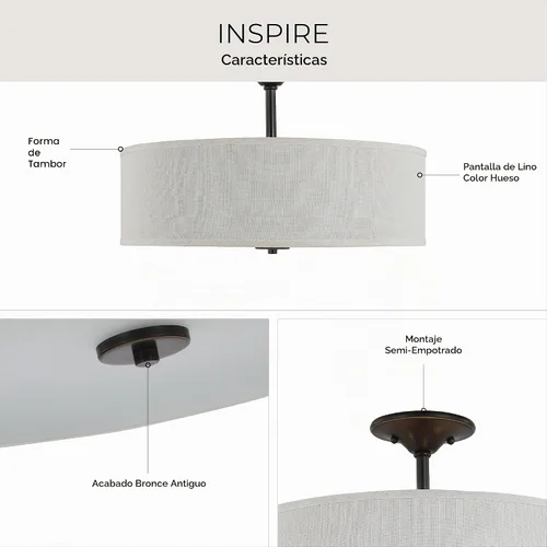 Vista 4 de Progress Lighting Inspire - Luz semiempotrada de tela de 3 luces, bronce Bronce antiguo con pantalla de lino blanco roto