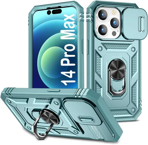 Vista 30 de PASNEW Funda militar para iPhone 13 Pro Max, cubierta de cámara deslizante y soporte de anillo de metal de 360°, carcasa rígida multicapa resistente