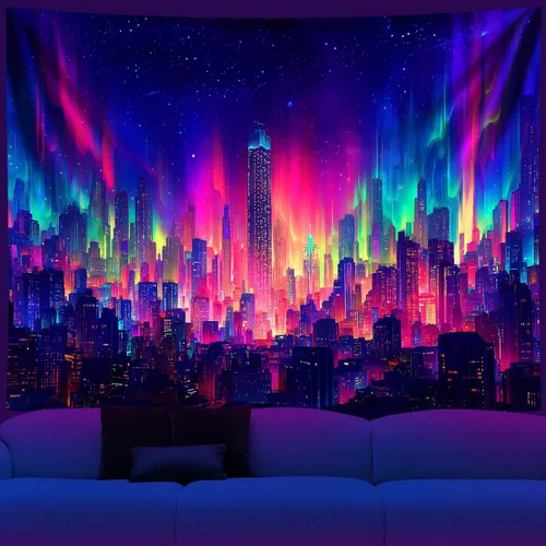 Vista 17 de NYZE Tapiz de luz negra de ciudad, tapiz de anime japonés, juego punk, fantasía, vista nocturna, paisaje urbano, arte futurista, neón, tapices