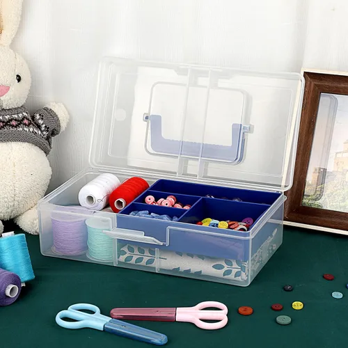 Vista 6 de BTSKY Caja de almacenamiento de plástico transparente con bandeja extraíble, caja de almacenamiento de artículos de papelería multiusos con asa Azul