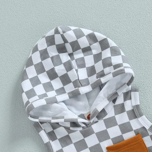 Vista 17 de Conjunto de ropa de verano para bebé niño y niño, diseño a cuadros, manga corta, sudadera con capucha y pantalones cortos casuales