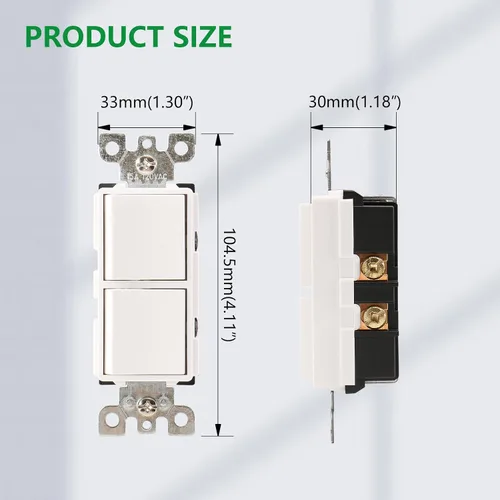 Vista 6 de Wengart Interruptor Decorativo de Combinación Basculante Dúplex, 120VCA 15Amp, Terminal de Tierra, Grado Residencial/Comercial, 2 Interruptores