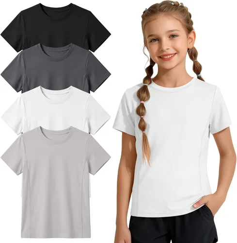 Vista 10 de Paquete de 4 camisetas atléticas de manga corta para niñas, de secado rápido, camisetas activas de verano con cuello redondo y ropa deportiva