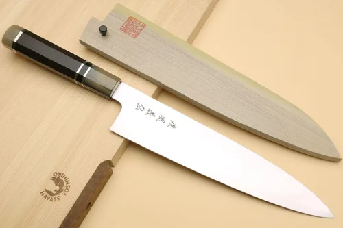 Vista 2 de Yoshihiro HAP40 Gyuto - Cuchillo de chef de acero inoxidable de alta velocidad, mango de ébano de triple anillo (9.5 pulgadas)
