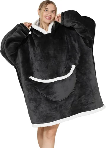 Vista 10 de Manta con capucha, sudadera de gran tamaño para adultos, mujeres y hombres, hecha de franela muy suave y cálida, con bolsillo y mangas