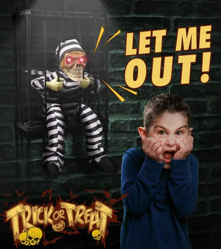 Vista 3 de Decoraciones animadas de Halloween con sensor infrarrojo, prisionero de calavera Screaming Sound Effects; Glowing Red Eye; Infrared-activated