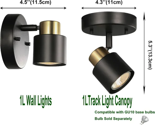 Vista 2 de Kit de iluminación de riel de 1 luz, 2 paquetes de acabado de latón negro mate, ajustable, moden, montaje empotrado, apliques de pared para cocina