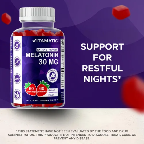 Vista 5 de Vitamatic Melatonina sin azúcar, 30 mg por gomita, 60 porciones, 60 gomitas vegetarianas, suplemento que no forma hábito (60 unidades (paquete de 2))