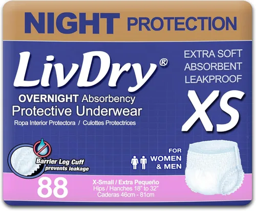 Vista 18 de LivDry Ropa interior para incontinencia XS para adultos, absorción de comodidad durante la noche, protección contra fugas, talla XS, paquete de 22