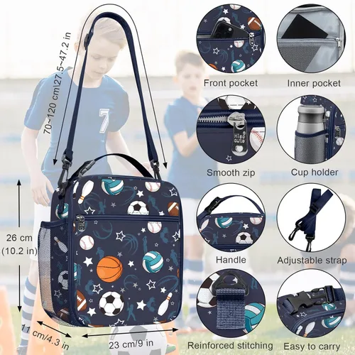 Vista 4 de Bolsa de almuerzo térmica aislada para niños Clastyle Sport Ball, grande, azul, con enfriador térmico, para niños, para picnic, escuela, canasta
