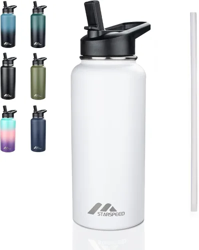 Vista 28 de StarSpeed Botella de agua aislada de 32 onzas con tapa con pajilla, botella de agua al vacío de doble pared de acero inoxidable, botella de agua