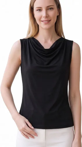 Vista 8 de Blusa sin mangas de seda pura para mujer, con cuello de estilo capucha, de seda de morera, para verano, camiseta tipo tank de seda auténtica Beige