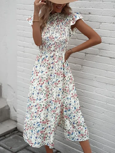 Vista 6 de Milumia Vestido midi fluido con mangas casquillo fruncidas y cuello con lazo y dobladillo con volantes para mujer