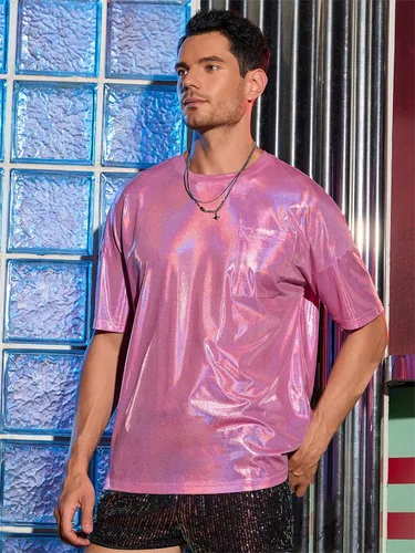 Vista 5 de WDIRARA Camiseta holográfica para hombre, manga corta, cuello redondo, brillante, para fiesta, club, camiseta sin mangas