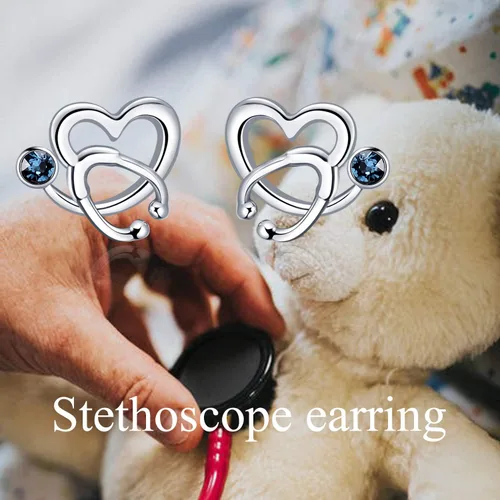 Vista 2 de AOBOCO - Aretes tipo dormilona de plata esterlina con forma de estetoscopio y piedras natales de imitación, joyería fina para regalo enfermero
