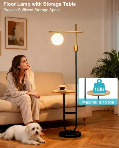Vista 6 de Lightdot Lámparas de pie regulables doradas y negras de 66 pulgadas con mesa, moderna lámpara alta de pie con pantalla de globo, cabeza