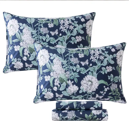 Vista 25 de FADFAY Juego de sábanas tamaño King, sábanas de algodón percal rosa floral con bolsillo profundo, ropa de cama vintage lujosa azul con estampado