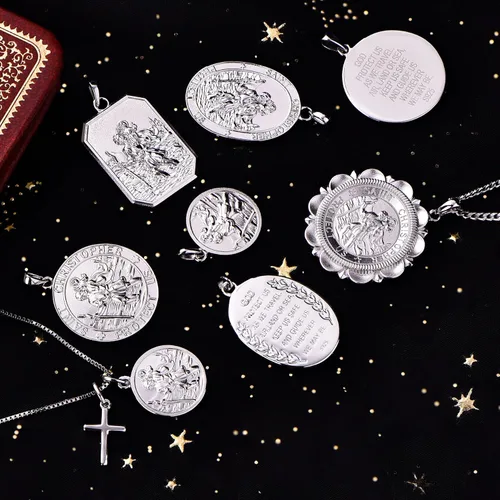 Vista 5 de FJ St Christopher Necklace 925 Sterling Silver Religious Protection Pendant for Men Women
