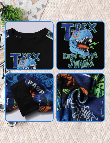 Vista 4 de KANGKANG Conjunto de sudadera de manga larga con estampado de letras para niños pequeños, conjunto de pantalones con estampado de dinosaurio
