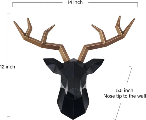 Vista 4 de Keygift Decoración de pared geométrica de cabeza de ciervo negro y cobre, resina de taxidermia sintética, cabeza de animal, montaje en pared