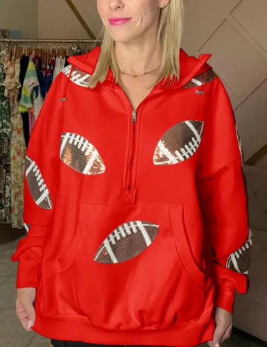 Vista 19 de SeekMe Sudaderas con capucha de lentejuelas para mujer, para el día del partido, suéteres de manga larga con cremallera y bolsillo