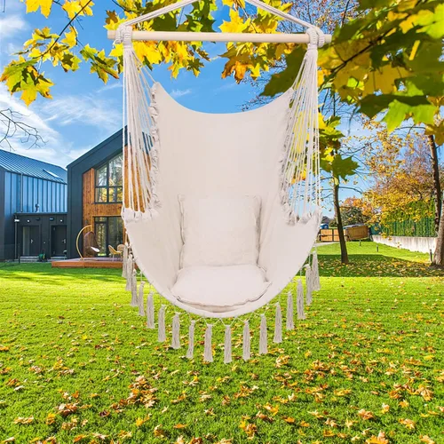 Vista 9 de Silla hamaca colgante de cuerda con borla, máximo 330 libras, 2 cojines incluidos, silla colgante grande de macramé con bolsillo, tejido de algodón