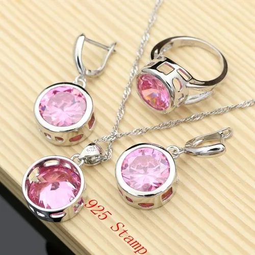 Vista 6 de Juego de joyas elegantes de plata de ley 925 para mujer, aretes de piedra cúbica rosa grande, accesorios de moda, kit de collar