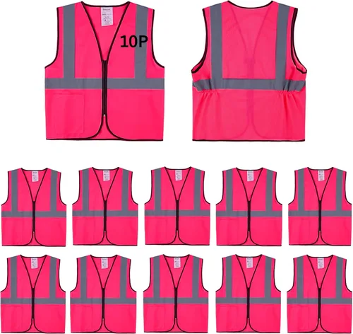Vista 12 de Chalecos de seguridad azules 10 unidades - Chalecos de alta visibilidad reflectantes para construcción Clase ANSI 2 para hombre, mujer, malla