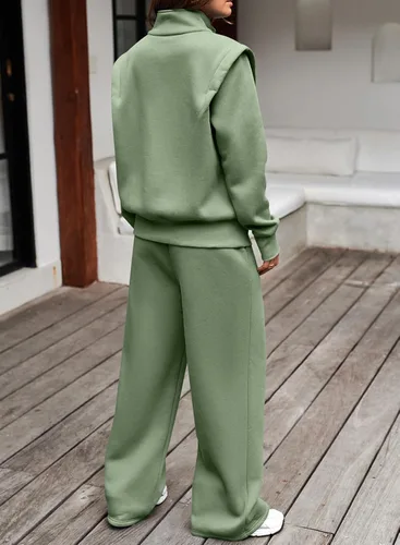 Vista 6 de Aleumdr Conjunto de dos piezas de sudadera con media cremallera para mujer, conjunto a juego con pantalón de pierna ancha aguamarina (Clearly Aqua)