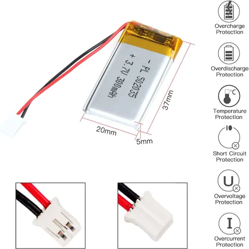 Vista 2 de 3.7V 300mAh Batería 502035 Li-ion Li-ion Li-Po recargable de iones de litio con conector de paso 2P PH 0.079 in