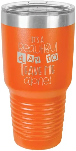Vista 14 de Taza de viaje de acero con recubrimiento de polvo grabado por láser con grabado «It 'S A BEAUTIFUL DAY TO LEAVE ME ALONE» de 325 ml con campana