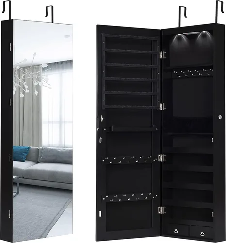 Vista 9 de Giantex Armario de joyería para puerta de pared con espejo de longitud completa 2 LED con cerradura grande organizador de joyas con espejo ancho