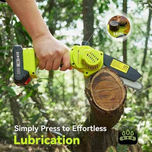 Vista 4 de Supstable Mini motosierra inalámbrica de 6 pulgadas, motosierra eléctrica de mano con batería de 2000 mAh con engrasador automático, diseño ligero