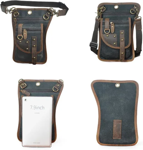 Vista 3 de Handadsume Lona resistente al agua + cuero para motocicleta, viajes, riñonera de viaje, bolsa de pierna para hombres y mujeres FB2141, 2141-negro
